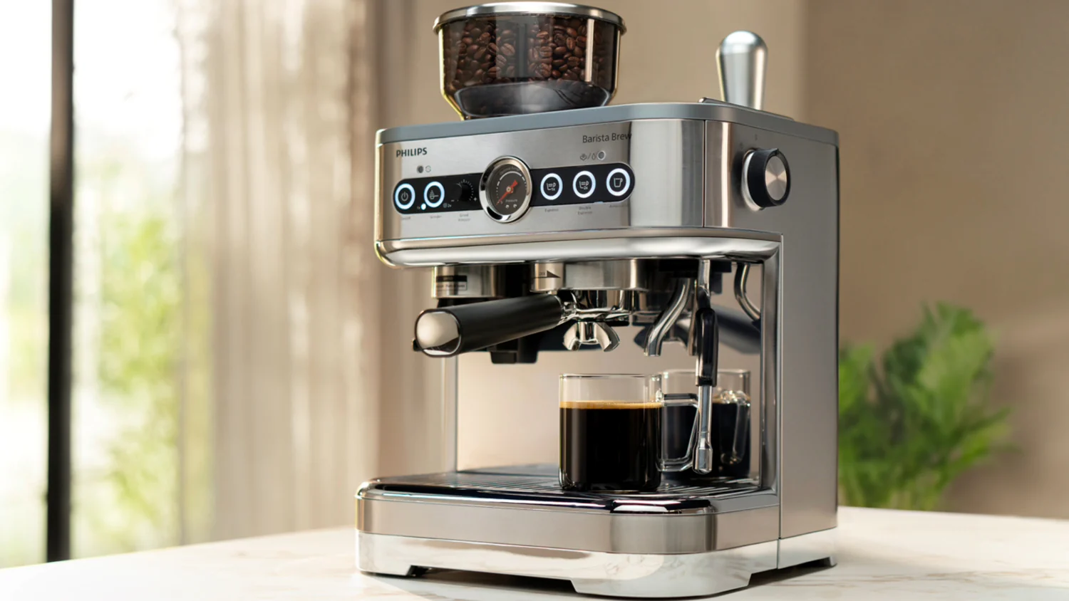 A sleek silver espresso machine with a built-in grinder sits on a kitchen counter. It brews fresh coffee into a clear glass cup. Sunlight filters through a window, adding warmth.