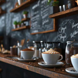 Cozy café with wooden counter, lined with cappuccinos in white cups, chalkboard menu on the wall, warm lighting, and a welcoming, relaxed vibe.