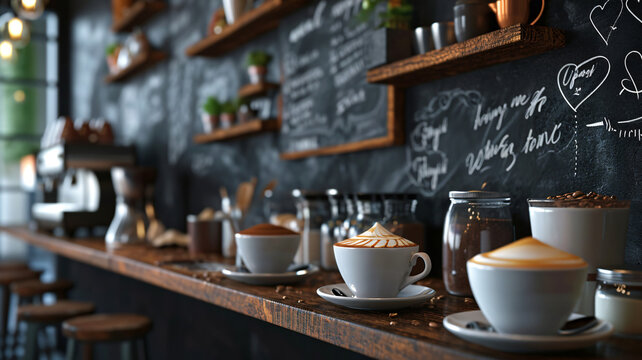 Cozy café with wooden counter, lined with cappuccinos in white cups, chalkboard menu on the wall, warm lighting, and a welcoming, relaxed vibe.