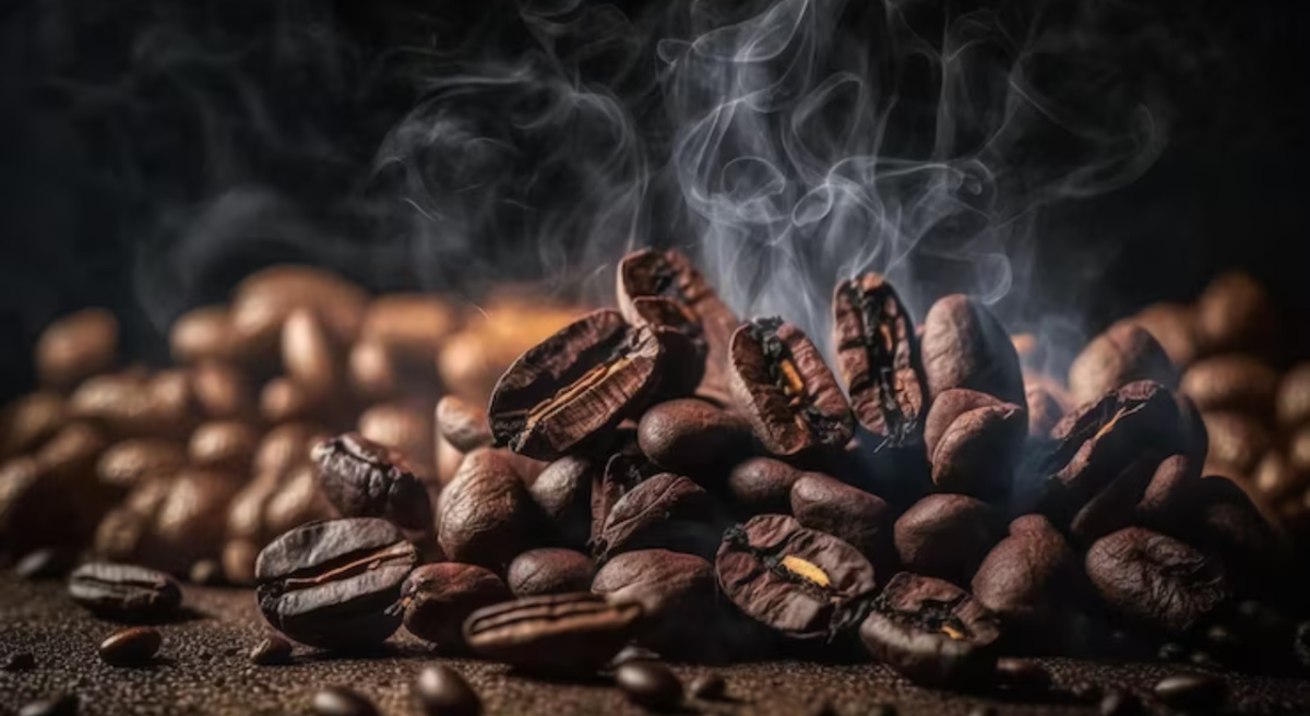 Close-up of steaming roasted coffee beans, piled on a dark surface. The scene conveys warmth and a rich, inviting aroma against a blurred, dark background.