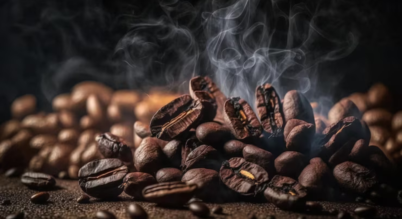Close-up of steaming roasted coffee beans, piled on a dark surface. The scene conveys warmth and a rich, inviting aroma against a blurred, dark background.
