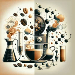 Split-image of coffee and chemistry: on the left, coffee beans, cups, and swirls; on the right, molecular structures and lab equipment, symbolizing science.