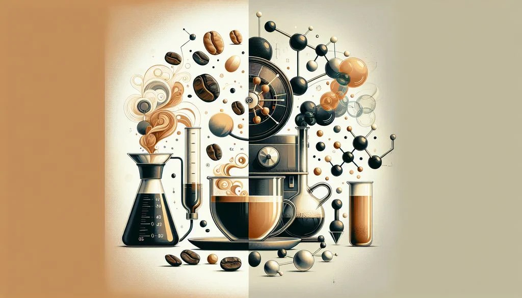Split-image of coffee and chemistry: on the left, coffee beans, cups, and swirls; on the right, molecular structures and lab equipment, symbolizing science.